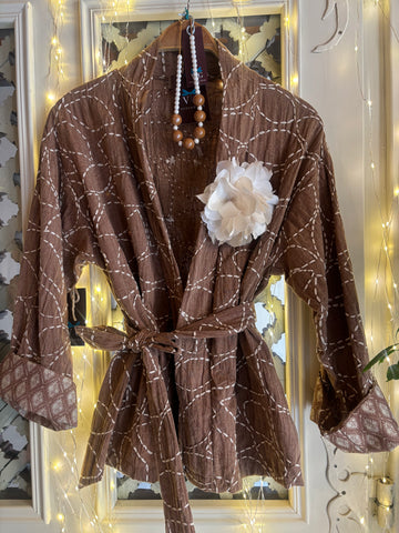 KIMONO COTONE NOCCIOLA RICAMATO A MANO