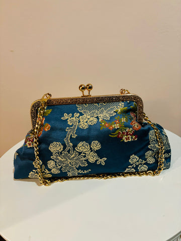 POCHETTE CLIC CLAC RASO BLU ROYAL FLOWERS