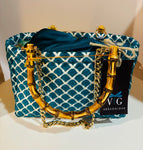 BORSA LIZ VELLUTO BROCCATO TURCHESE GEOMETRICO CON CATENA DORATA