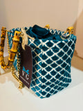 BORSA LIZ VELLUTO BROCCATO TURCHESE GEOMETRICO CON CATENA DORATA