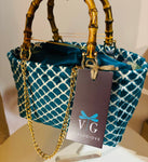BORSA LIZ VELLUTO BROCCATO TURCHESE GEOMETRICO CON CATENA DORATA