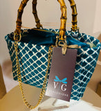 BORSA LIZ VELLUTO BROCCATO TURCHESE GEOMETRICO CON CATENA DORATA