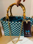BORSA LIZ VELLUTO BROCCATO TURCHESE GEOMETRICO CON CATENA DORATA