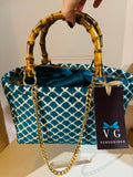 BORSA LIZ VELLUTO BROCCATO TURCHESE GEOMETRICO CON CATENA DORATA