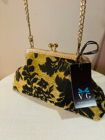 POCHETTE CLIC CLAC VELLUTO DAMASCATO NERO BEIGE