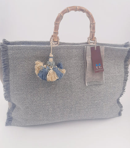 BORSA GRACE TESSUTO AZZURRO GRIGIO SFRANGIATO CON INTERNO FLOREALE