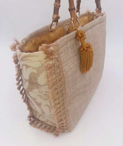 BORSA AUDREY BEIGE CON TRAMA LUREX E DAMASCATO