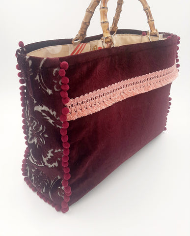 BORSA GRACE VELLUTO DAMASCATO BORDEAUX CON INTERNO JACQUARD