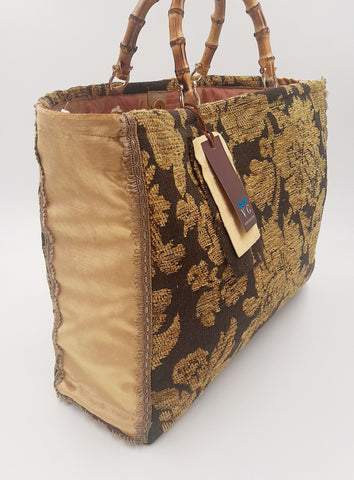 BORSA GRACE FLOWERS  BROWN/ORO CON INTERNO RASO JACQUARD ROSA ANTICO ORO