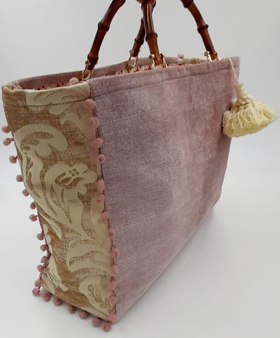 BORSA GRACE VELLUTO ROSA/BEIGE CON INTERNO JACQUARD GEOMETRICO